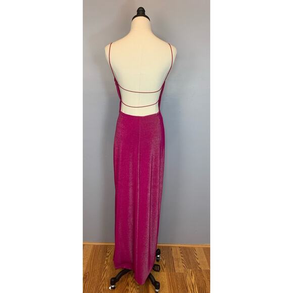 Vtg 90s Y2K City Triangles Open Back Strappy Hot Pink Metallic Bodycon Dress Med - Picture 6 of 17
